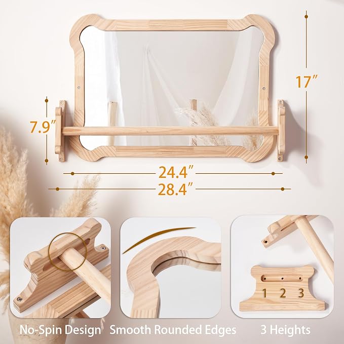 Montessori Baby Mirror with Pull Up Bar, Shatterproof Toddler Pull to Stand | CPC safe natural wood wall mount toy for nursery daycare classroom, ideal infant developmental gift 6-18 months.