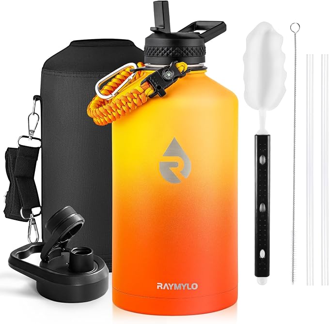 One Gallon Water Bottle Insulated, Triple Walled Vacuum Stainless Steel | (Cold for 48 Hrs), Leak Proof & Non-BPA, Large Water Flask Jug with Paracord Handle & Straw Spout Lids