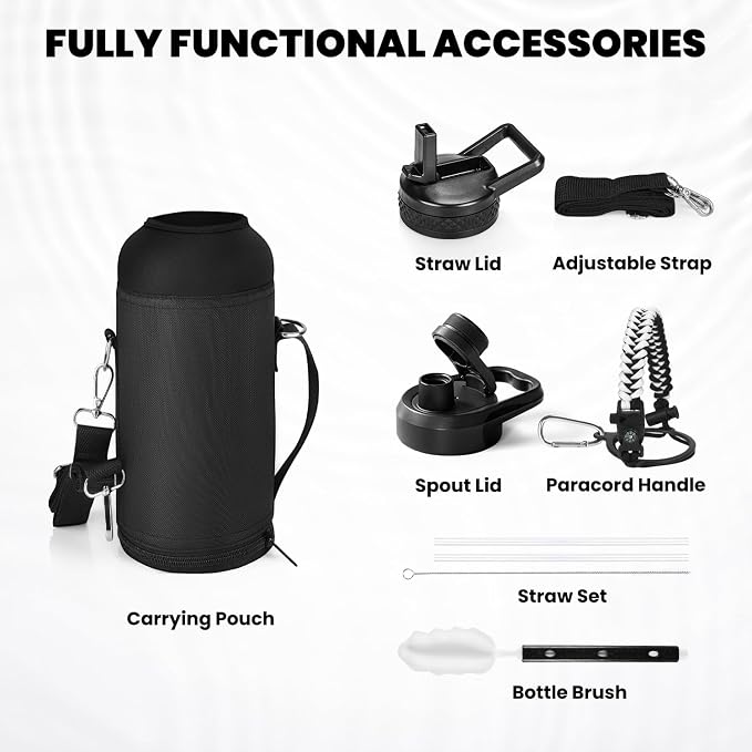 RAYMYLO Insulated Water Bottle 32 oz, Triple Wall Vacuum Stainless Steel | (Cold for 24Hrs, Hot for 12Hrs), Leak Proof & Non-BPA, Modern Water Flask Jug with Paracord Handle & Straw Spout Lids