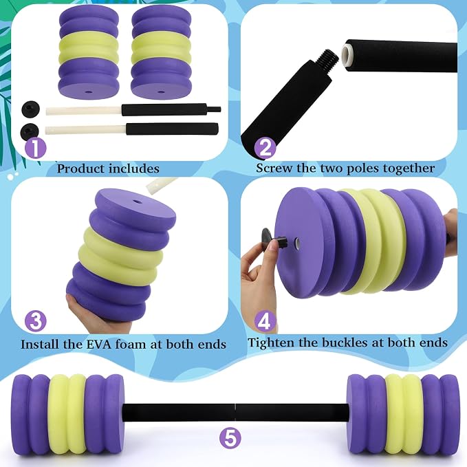 Soulchen Long Aquatic Exercise Dumbbells Pool Exercise Foam Water Weights Dumbbell Aquatic Pool Barbells with High Density EVA Foam for Swim Water Aerobics Workouts Loss
