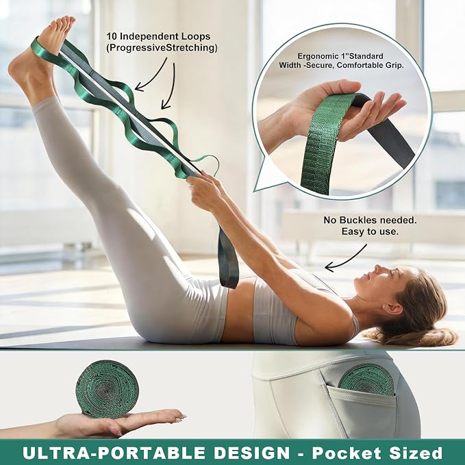 Acozycoo Stretching Strap with Loops for Physical Therapy,Yoga Strap for Stretching,Home Workout,Pilate & Flexibility Training,Non-Elastic Exercise Stretch Band for Hamstring,Leg Stretcher Belt,Flexibility Fascia