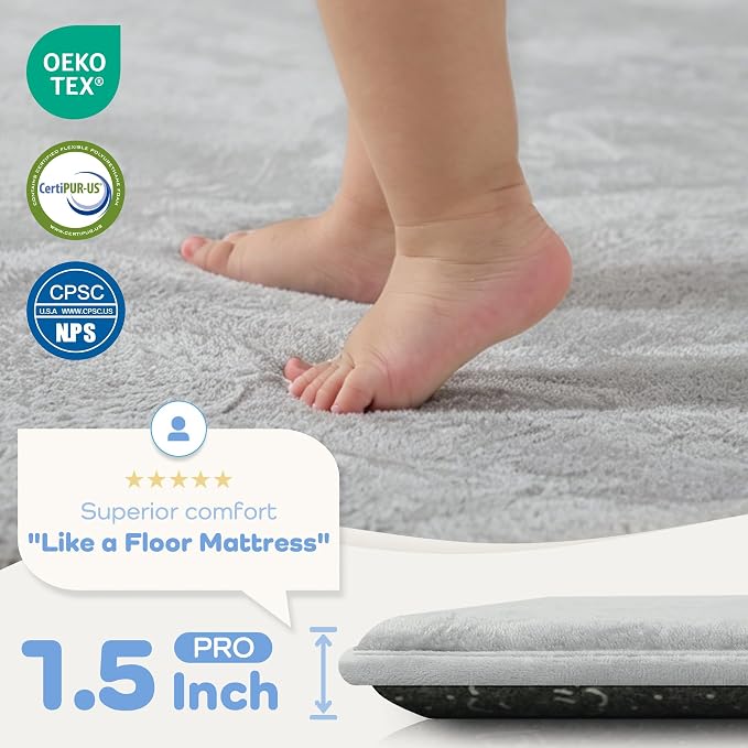 1.5" Thick Baby Play Mat for Floor 39x59 Soft Foam Mats, Light Grey | Memory Mat for Baby to Play, Waterproof Easy Care with Non-Slip Tummy Time Play Mat for Nursery Playroom Classroom