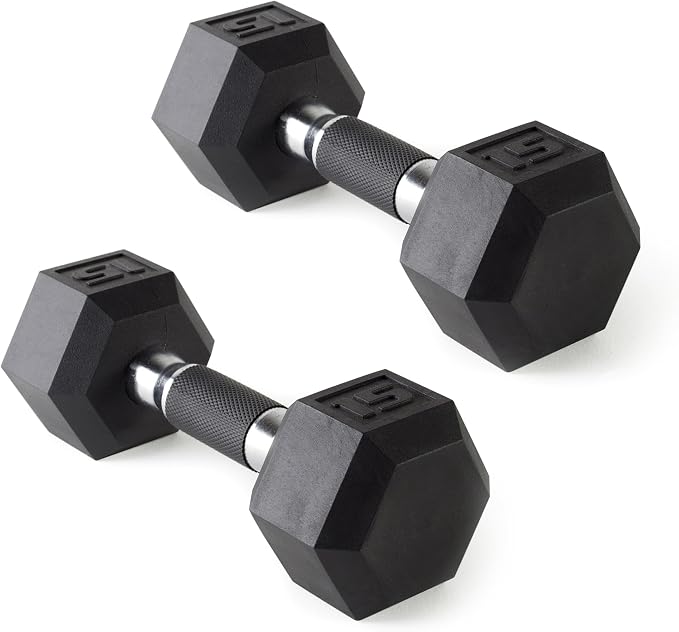 CAP Rubber Coated Dumbbell Weights, Free Weights for Home Gym Strength Training, Anti-Roll Hex Dumbbells with Black, Chrome & Comfort Grip Handles, Pairs & Sets