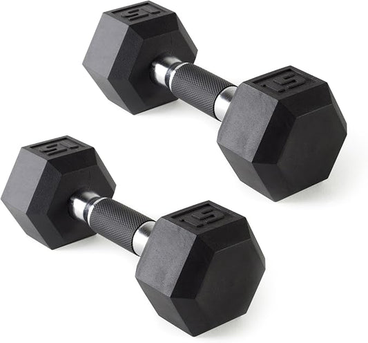 CAP Rubber Coated Dumbbell Weights, Free Weights for Home Gym Strength Training, Anti-Roll Hex Dumbbells with Black, Chrome & Comfort Grip Handles, Pairs & Sets