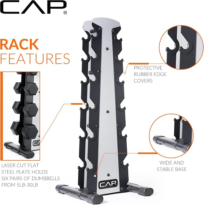 CAP Rubber Coated Hex Dumbbell Set with Storage Rack | 100–210 lb Options, Space-Saving Vertical Compact Storage for Home Gym Strength Training