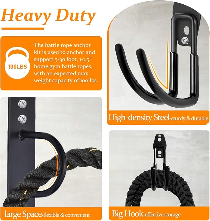 Heavy Duty Battle Rope Anchor Kit Wall Mount | Wall Anchor & Storage Hook for 30-50FT 1-2.5 Inch Battle Ropes, Multi-Functional Wall Bracket for Home Commercial Gym Garage