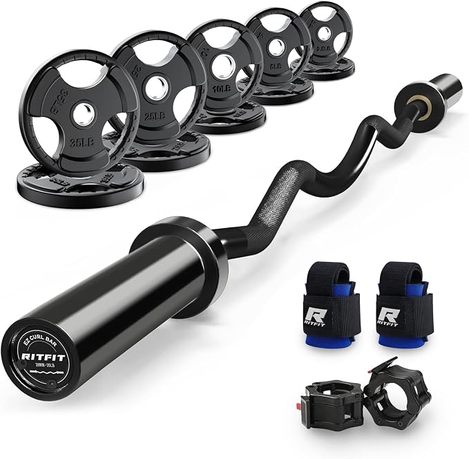 RitFit 2 Inch EZ Curl Bar Olympic Barbell with Weight Plates & Collar | 4FT EZ Curl Bar with 35LB Weight Plates, Collars for Bicep, Tricep Workout, Weightlifting, 350LBS Weight Capacity