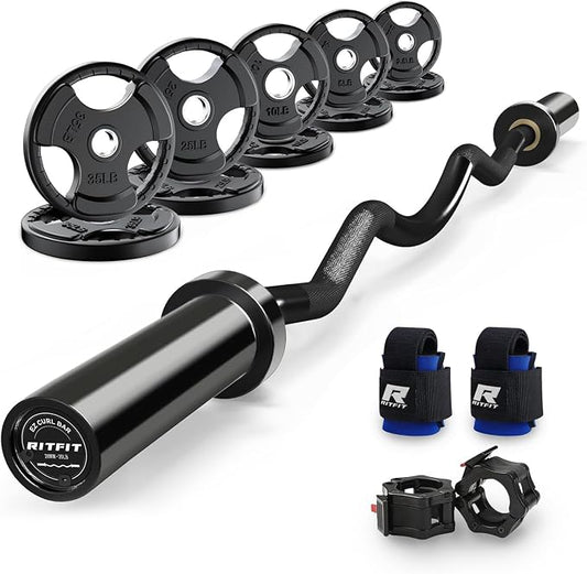 RitFit 2 Inch EZ Curl Bar Olympic Barbell with Weight Plates & Collar | 4FT EZ Curl Bar with 35LB Weight Plates, Collars for Bicep, Tricep Workout, Weightlifting, 350LBS Weight Capacity