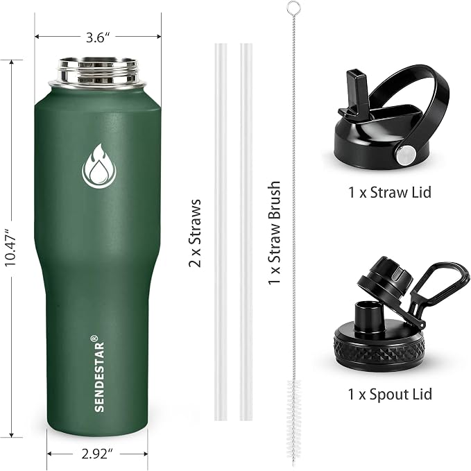 SENDESTAR Water Bottle,Wide Mouth Stainless Steel Vacuum Insulated Double Wall Keep Liquids Cold or Hot All Day,Sweat Proof Sport Design,Fit Car Cup Holder,Dark Green,32 Ounces