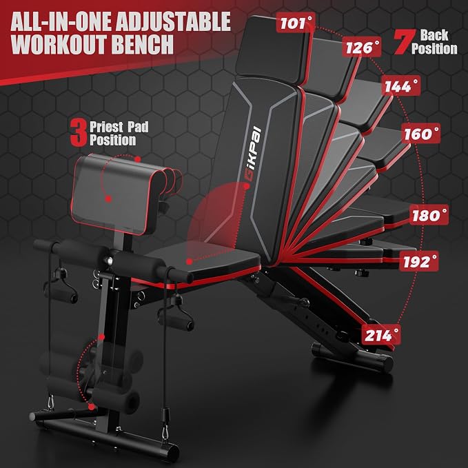 GIKPAL Adjustable Weight Bench - Workout Bench Press for Home Gym | Foldable Incline Decline Sit up Exercise Bench for Full Body Strength Training w/Leg Extension and Preacher Pad