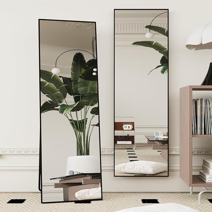 Beauty4U 59" x 16" Full Length Mirror with Stand, Black Floor Mirror | Standing, Leaning, or Wall-Mounted Tempered Glass Full Body Mirror with Metal Frame for Bedroom, Closet, Modern Home Decor