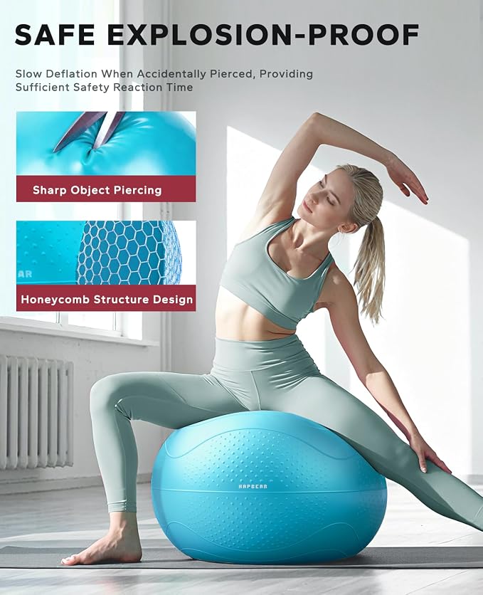 HAPBEAR Exercise Ball- Anti-Burst Slip-Resistant Yoga/Pilates Ball for Core Training & Posture Improvement, Home Gym/Rehab/Pregnancy Ball, Quick Pump & 3 Resistance Bands Included