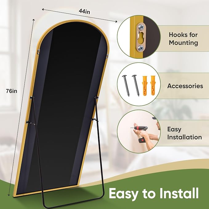 Full Length Mirror, 76"x44" Arched Full Body Mirror, Floor Mirrors with Stand, Body Mirrors Standing Hanging Leaning Against Wall,Aluminum Frame Mirrors for Bedroom Cloakroom,Living Room,Gold