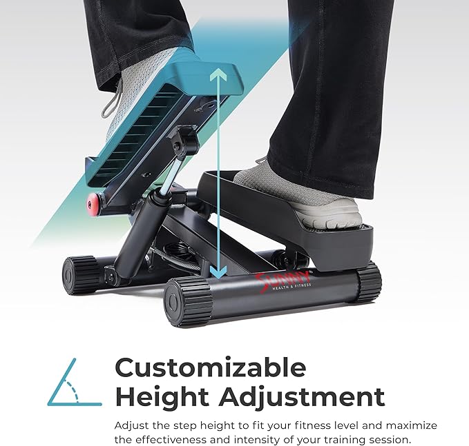 Sunny Health & Fitness Mini Stair Stepper w/Resistance Bands for Home Gym | Full Body Cardio, Adjustable Step Height, Hydraulic Resistance, LCD Meter, No Assembly, 300 lb Capacity, SunnyFit App