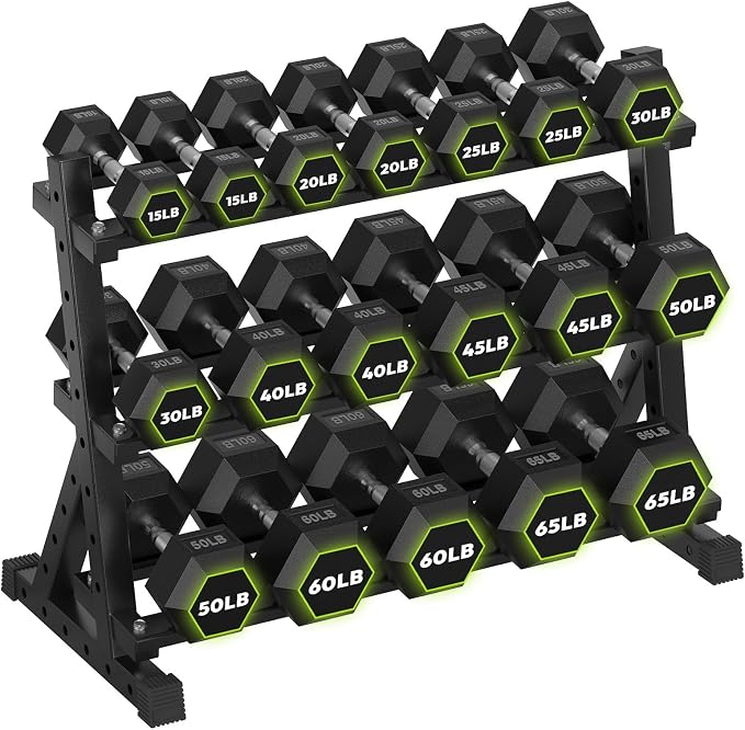 HANDBODE Dumbbell Set with Rack, Rubber Coated Fixed Dumbbells 390-790 lbs | Heavy Duty Hexagonal Weights, Non-Roll Hexagon Shape for Stability, Home Gym Strength Training Equipment