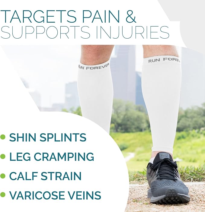 Run Forever Calf Compression Sleeve for Men & Women, 20-30mmHg Compression | Leg Sleeve for Shin Splints, Varicose Veins, Swelling & Pain Relief | Footless socks for Running, Cycling & Travel
