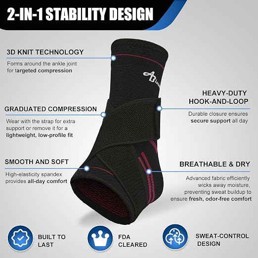 ABIRAM Ankle Brace for Men & Women - Adjustable Compression Sleeve with Wrap, Stability Support & Relief for Sprained Ankle, Plantar Fasciitis & Achilles Tendonitis - Breathable Running & Sports Gear