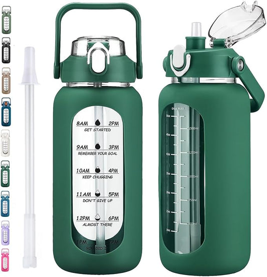 64oz Glass Water Bottles with Straw, Half Gallon Motivational Glass Bottle with Silicone Sleeve and Time Marker, 2L Leakproof Large Glass Water Jug for Gym Home Office, Ink Green