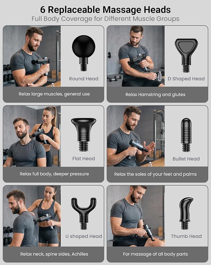 Massage Gun, Deep Tissue Percussion Massager 30 Speeds for Pain Relief | Handheld Electric Back & Neck Muscle Massager with 6 Massage Heads for Athletes, Men & Women (Gray)