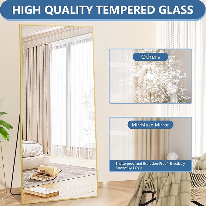 76"x34" Large Floor Mirror Full Length with Stand, Oversized Gold | Free Standing or Leaning, Wall‑Mountable, for Bedroom Living Room Home Gym, Rectangular, Tempered Glass, Aluminum Frame