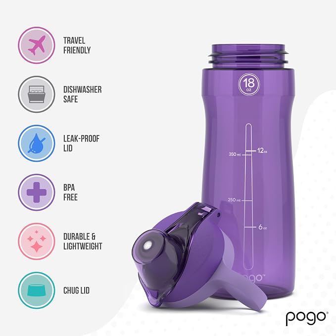 Pogo BPA-Free Plastic Water Bottle with Chug Lid, 18 Oz, Purple | Leakproof water bottle with chug lid and carry handle. BPA-free, great for travel, school, outdoors, and gym.