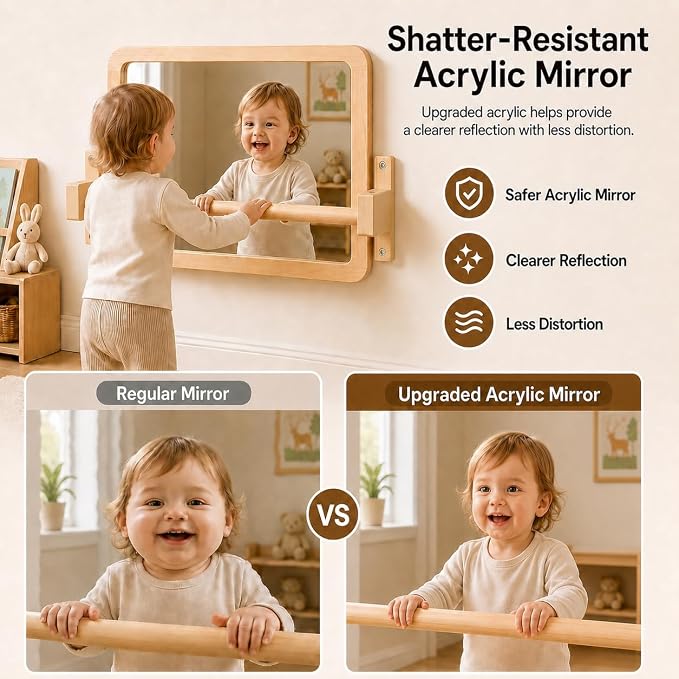 Ogears Montessori Baby Pull Up Bar, Montessori Small Mirror is Suitable for Babies Aged 6 to 18 Months, Infants Registry Item, 19.7 * 15.8 inches