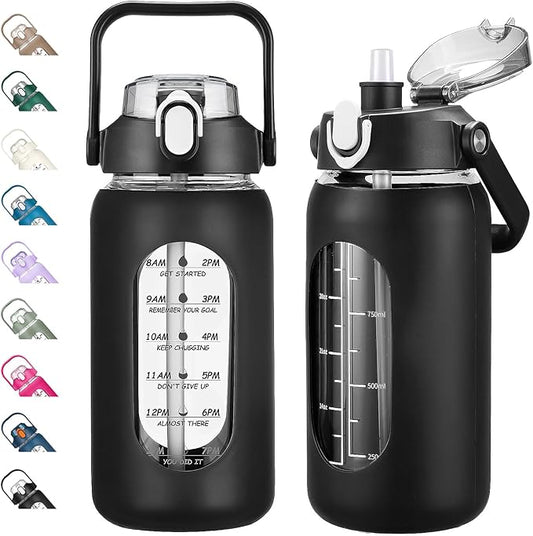 42oz Glass Water Bottles with Straw, Motivational Glass Bottle with Silicone Sleeve and Time Marker, Leakproof Large Glass Water Jug for Gym Home Office,Black