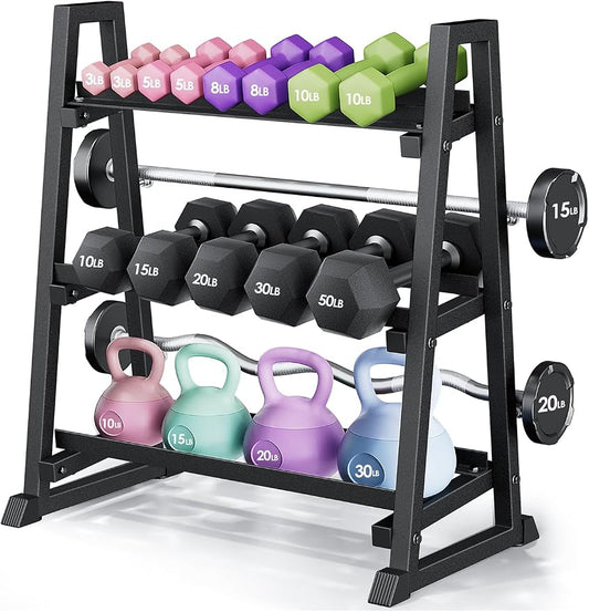 Leteuke 3 Tier Dumbbell Rack Stand Only, 1300LBS Heavy Duty | Trapezoidal Frame for Stability, Space-Saving Design; Fits Dumbbells, Kettlebells, Barbells for Home Gym
