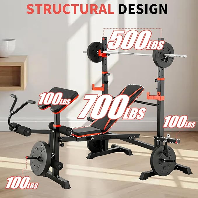 MAIDOMA 1500LBS Foldable 8 IN 1 Weight Bench with Upgraded Leg Extension | Adjustable Flat Incline Decline Bench Press Set with Wide Squat Rack for Full Body Home Gym Workout (US Stock)