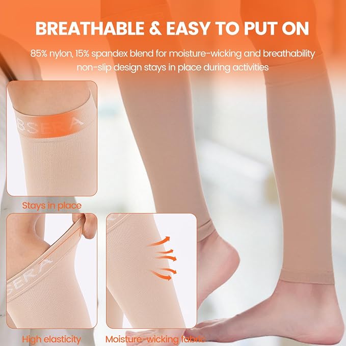 BSERA Calf Compression Sleeve Women, 2 Pairs 20-30mmHg Footless Compression Socks for Swelling Shin Splints Varicose Veins