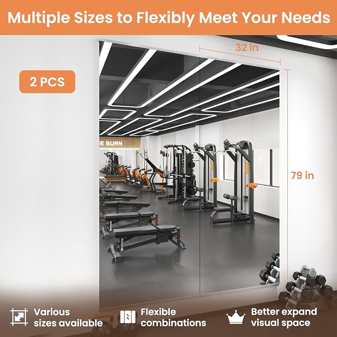 LOAAO Home Gym Mirror 79"x32", 2 PCS | Frameless, Tempered Glass, Large Workout Mirrors, For Home Gym, Dance Studio, Yoga Room, Garage Gym