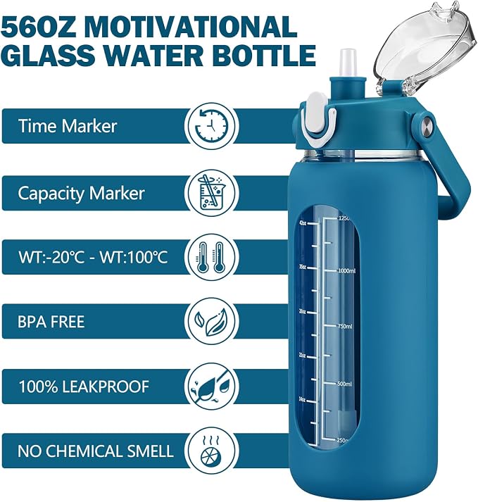 56oz Glass Water Bottles with Straw, Motivational Glass Bottle with Silicone Sleeve and Time Marker, Leakproof Large Glass Water Jug for Gym Home Office,Iron Blue