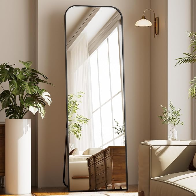 Full Length Mirror 56"x21" Arched Floor Standing Large Mirrors | Full Body Mirror with Stand - with Aluminum Frame for Bedroom Living Room, Black