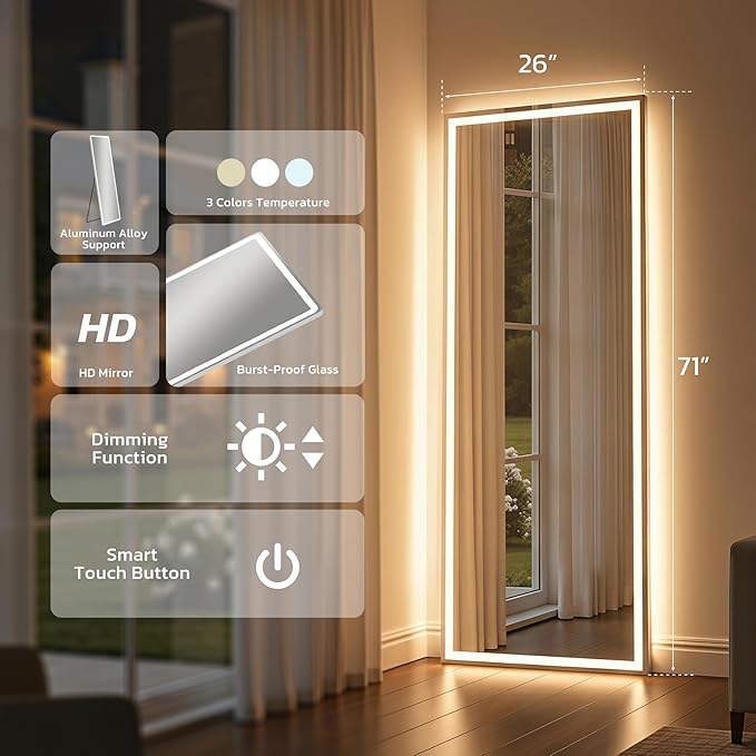 71" x 26" Arched Full Length Mirror with LED Lights, Floor Mirror with Stand, Wall Mirror Full Length, Body Floor Mirror, Wall Mounted Mirror for Bedroom, Dimmable, Tempered Glass