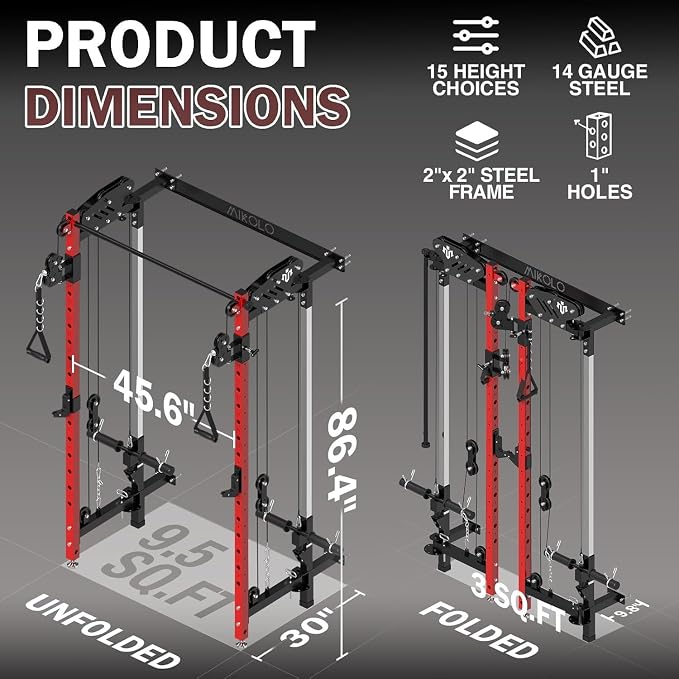 Mikolo Folding Squat Rack, Wall Mounted Power Rack with Cable Crossover Machine & LAT Pull Down, Functional Trainer with 5 Adjustable Function Modes, Home Gym Package