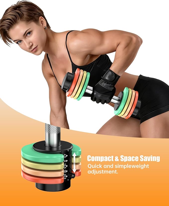 5-IN-1 Adjustable Dumbbell Set, Pair 12.5LB/22.5LB Weight Set for Home Gym | rainbow-colored weight plates, anti-slip handle, suit both men and women, full body home workout