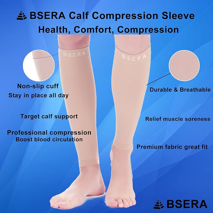 BSERA Calf Compression Sleeve Women, 2 Pairs 15-20mmHg Calf Support Footless Compression Socks Stockings for Shin Splints, Varicose Veins, Recovery (Nude/Skin, Small)