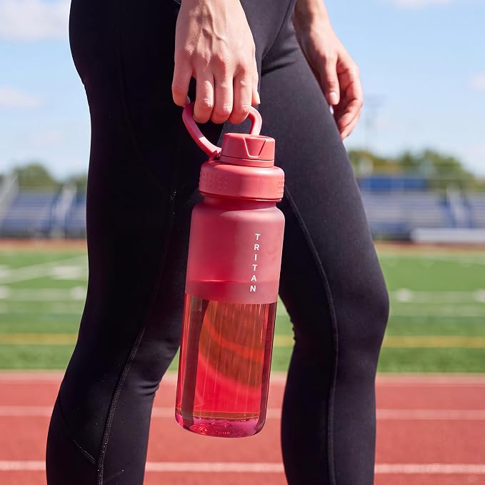 OLDLEY 32oz Water Bottle with Handle, BPA-Free Tritan Reusable Sports Water Bottle with Leak-Proof Dust Lid, Wide Mouth, Cup Holder Friendly, Half Frosted Clear Bottle for Gym,Travel, Work,Cherry Red