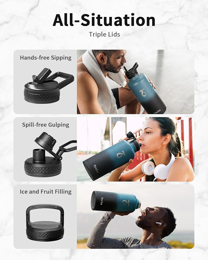 Trebo Water Bottle Insulation 87 oz, Vacuum Stainless Steel Water Jug (Keep Cold for 48 Hrs), LeakProof & Non-BPA, Water Flask with Paracord Handle & Straw Spout Lids, Indigo/Black | Large Stainless Steel Water Jug, Triple Wall Vacuum Copper Plated, Di...