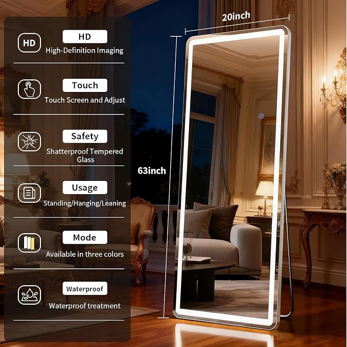 LED Floor Mirrors with Dimming &3 Color Lighting 20 x 63 Inch | LED Mirrors Full Length with Stand for Bedroom Dressing Room Checkroom Make-up Even Light OOTD Party Wedding Rect