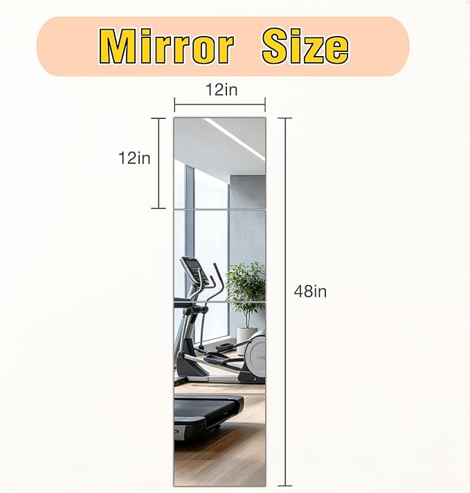 4-piece Glass Full Length Wall Mirror Tiles, 12 x 12 Inch Self-Adhesive Frameless Small Mirror Brick, Suitable for Home Gyms, Bedrooms, Doors, and Bathroom Glass Mirrors (4Pcs 12 * 12)