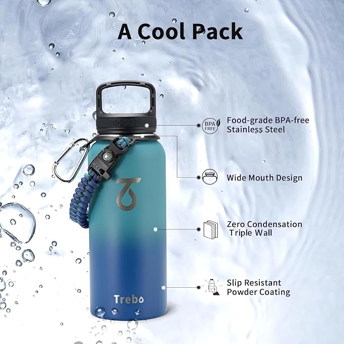 Trebo Insulated Water Bottle 32 oz with 3 Lids, Paracord Handle & Sleeve | Stainless Steel Metal Flask Vacuum, Triple Wall Copper Plated, Dishwasher Safe, Cold 48Hrs for Trail, Hiking, Wide Mouth