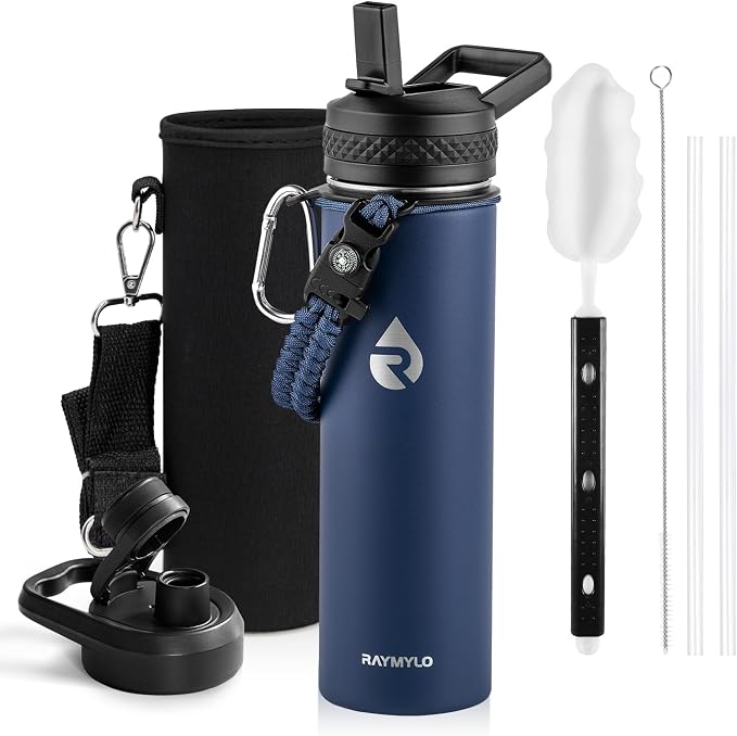 RAYMYLO Insulated Water Bottle 20 oz, Triple Wall Vacuum Stainless Steel | (Cold for 24Hrs, Hot for 12Hrs), Leak Proof & Non-BPA, Modern Water Bottle Jug for School with Straw Spout Lids