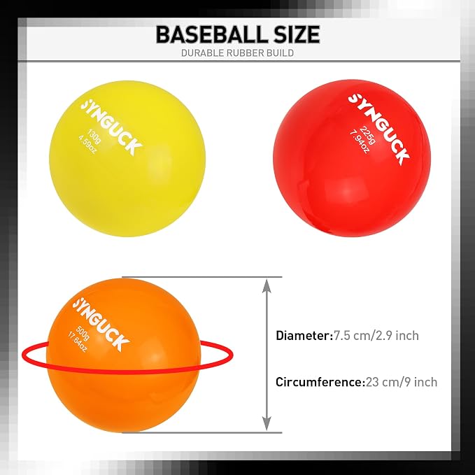 SYNGUCK 3 Pack Plyometric Weighted Balls for Baseball & Softball | 4.6/7.9/17.6 oz, Improve Power, Pitching, Hitting, Perfect for Yoga, Fitness, Plyometrics, All Skill Levels