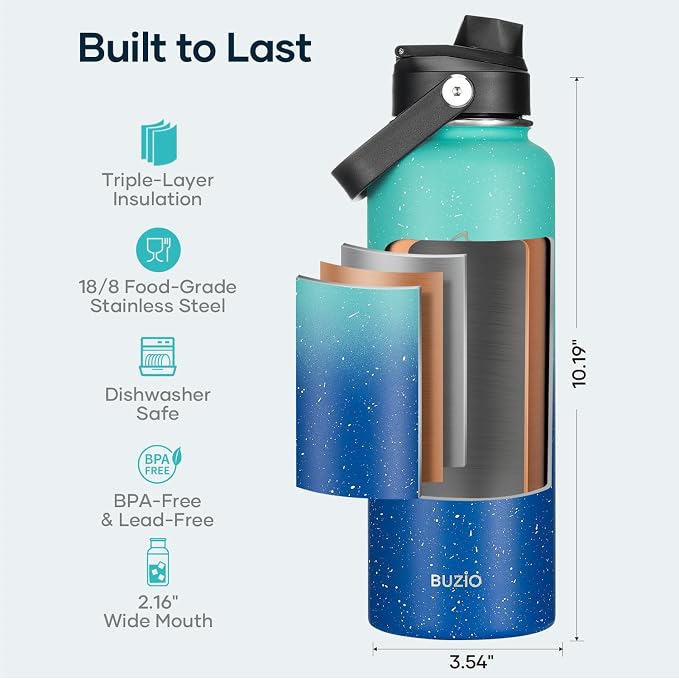 BUZIO Insulated Water Bottle with Straw, 40 oz Stainless Steel Sports Wide Mouth Water Bottle, BPA-Free Flex Cap and Straw Lid, Wide Mouth BPA-Free Sweat-Proof Sports Water Flask, Keep Hot Cold | 40 oz Insulated Stainless Steel Water Flask (Cold for 48...