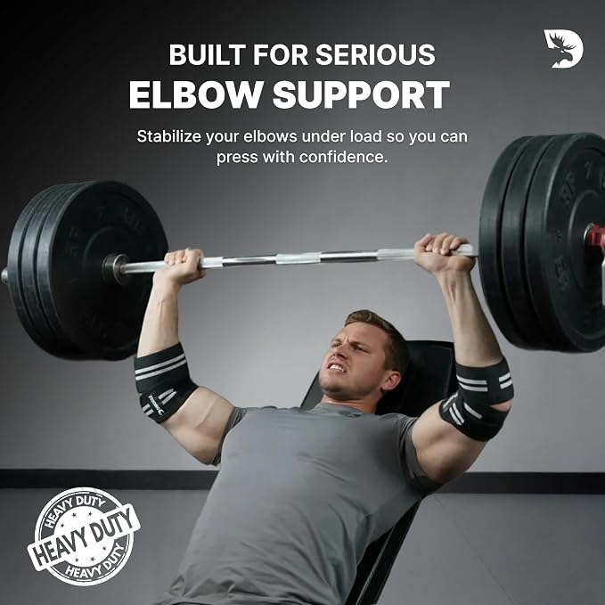 DMoose Fitness Elbow Wraps for Weightlifting (Pair) - 40'' Adjustable Strap for Gym Workout & Bench Press, Compression Elbow Sleeves for Tendonitis, Joint Support, Powerlifting & Deadlifts