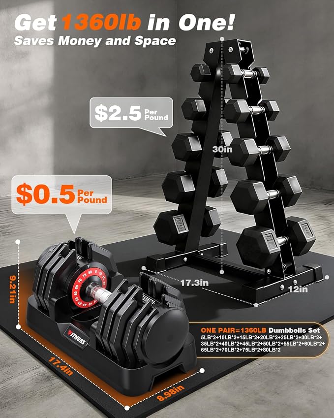 Rendpas Adjustable Dumbbell Set for Home Gym Strength Training | 25/55/80LB Pair, 10-in-1/16-in-1 Weight Set, 1-Sec Quick Adjust, Non-Slip Knurled Grip, Dual-Lock Safety, Space-Saving Tray