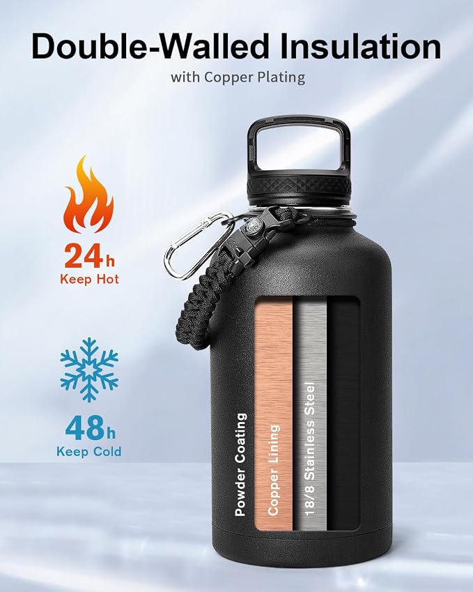 Trebo 64 oz Water Bottle Stainless Steel with 3 Lids, Paracord Handle & Bag | Half Gallon Large Insulated Jug, Triple Wall Vacuum Copper Plated, Dishwasher Safe, Cold 48Hrs for Outdoor, Hiking, Gym