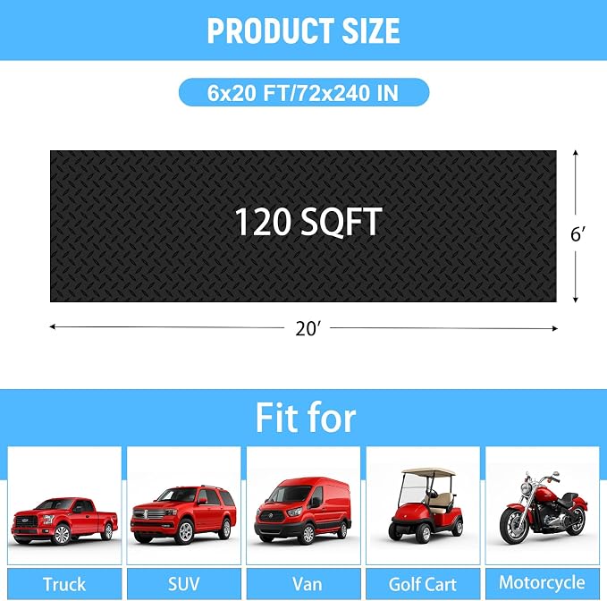 6x20 FT Garage Floor Mat, 2.8mm Thickened Diamond Plate | PVC Flooring Roll for Under Car/Golf Cart/Motorcycle, Garage Mat for Warehouse/Basement/Gyms/Trailer, Tapes Included, Black