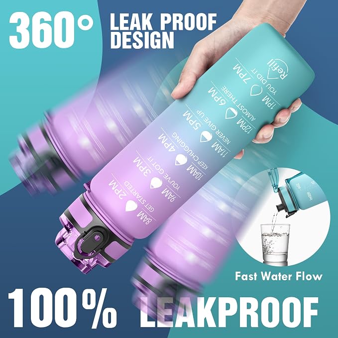 OLDLEY Water Bottle, 32oz Motivational Sports Water Bottle with Time Marker - Times to Drink - Tritan, BPA Free, Wide Mouth Leakproof,Confectionery